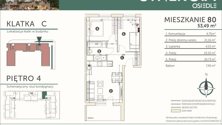 Rzut - Mieszkanie na sprzedaż 3 pokoje o powierzchni 53,49 m² - numer M80 w SYNERGIA