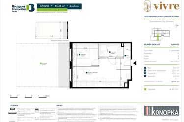Rzut - Mieszkanie na sprzedaż 2 pokoje o powierzchni 45,48 m² - numer AA0002 w Vivre