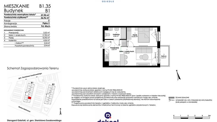 Rzut - Mieszkanie na sprzedaż 2 pokoje o powierzchni 36,96 m² - numer B1.35 w Osiedle Chabrowe