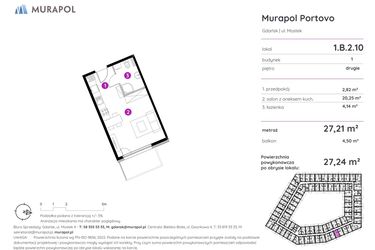 Rzut - Mieszkanie na sprzedaż 1 pokój o powierzchni 27,24 m² - numer 1.B.2.10 w Murapol Portovo etap II