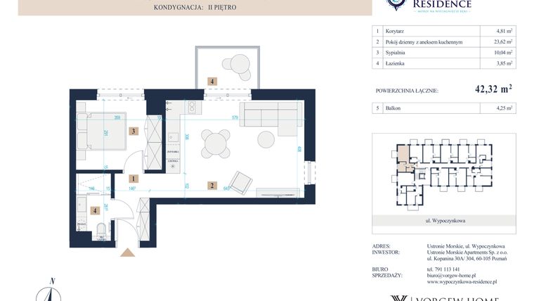 Rzut - Mieszkanie na sprzedaż 2 pokoje o powierzchni 42,32 m² - numer 31 w Wypoczynkowa Residence