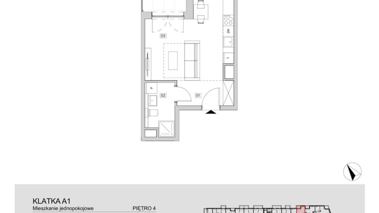 Rzut - Mieszkanie na sprzedaż 1 pokój o powierzchni 28,8 m² - numer A1.4.43 w ATAL Floriana
