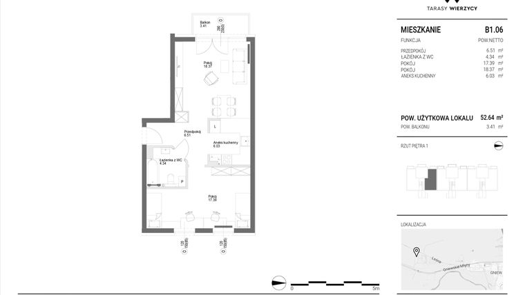 Rzut - Mieszkanie na sprzedaż 2 pokoje o powierzchni 52,64 m² - numer B1.06 w Tarasy Wierzycy