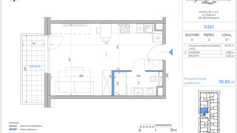 Rzut - Mieszkanie na sprzedaż 1 pokój o powierzchni 30,51 m² - numer D301 w Rezydencja Niechorze II