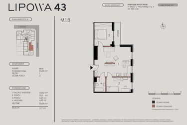 Rzut - Mieszkanie na sprzedaż 3 pokoje o powierzchni 55,95 m² - numer M.1.6 w Lipowa 43