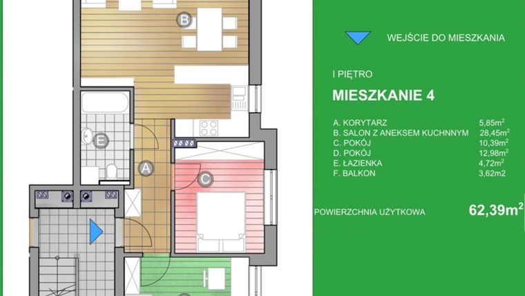 Rzut - Mieszkanie na sprzedaż 3 pokoje o powierzchni 62,39 m² - numer WM/4 w Osiedle Natura - Bud. WN i WM