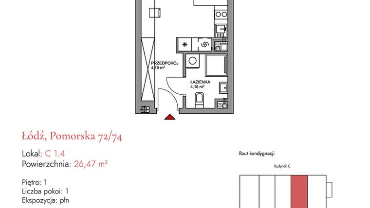 Rzut - Mieszkanie na sprzedaż 1 pokój o powierzchni 26,48 m² - numer C 1.4 w Melody Loft