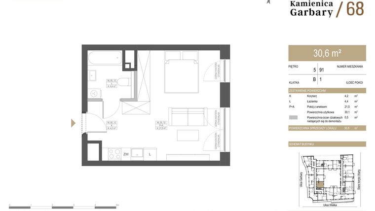 Rzut - Mieszkanie na sprzedaż 1 pokój o powierzchni 30,6 m² - numer 91 w Garbary 68