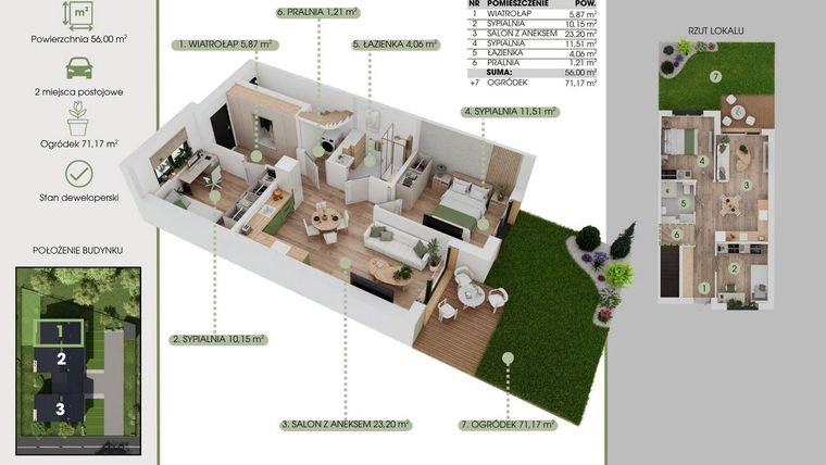 Rzut - Mieszkanie na sprzedaż 3 pokoje o powierzchni 56 m² - numer 1A w Green House Tuwima