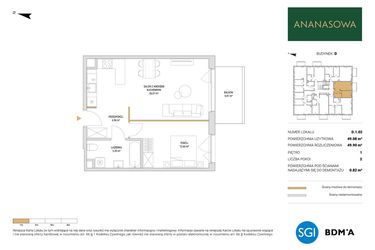 Rzut - Mieszkanie na sprzedaż 2 pokoje o powierzchni 49,9 m² - numer D.1.02 w Ananasowa