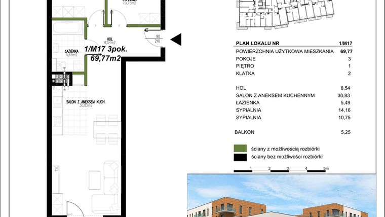 Rzut - Mieszkanie na sprzedaż 3 pokoje o powierzchni 69,77 m² - numer II.1/M17 w Apartamenty nad Bugiem - etap II