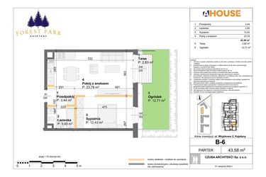 Rzut - Mieszkanie na sprzedaż 2 pokoje o powierzchni 43,58 m² - numer B.6 w Forest Park Kajetany