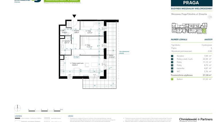 Rzut - Mieszkanie na sprzedaż 3 pokoje o powierzchni 57,38 m² - numer AA0509 w Neo Praga