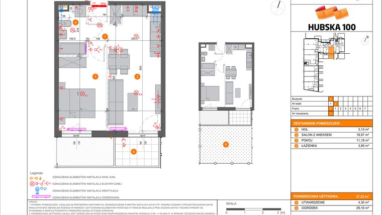 Rzut - Mieszkanie na sprzedaż 2 pokoje o powierzchni 37,23 m² - numer 2 w Hubska 100 etap 2