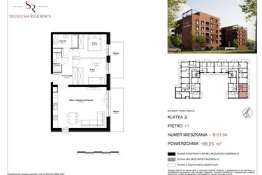 Rzut - Mieszkanie na sprzedaż 3 pokoje o powierzchni 68,25 m² - numer B-01-04 w Siedlecka Residence