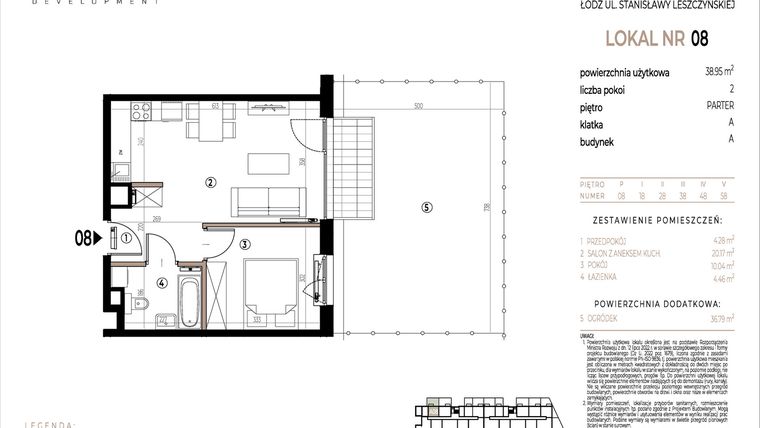 Rzut - Mieszkanie na sprzedaż 2 pokoje o powierzchni 38,95 m² - numer A008 w Ustronna