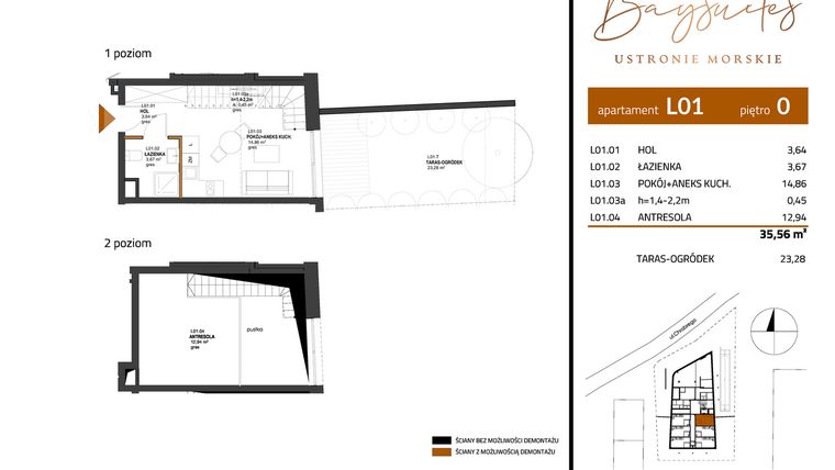 Rzut - Mieszkanie na sprzedaż 2 pokoje o powierzchni 35,56 m² - numer AP.0.1 w Baysuites