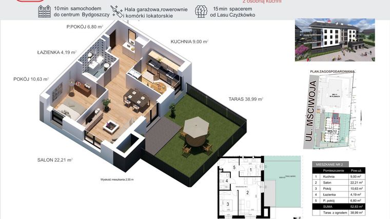 Rzut - Mieszkanie na sprzedaż 2 pokoje o powierzchni 52,83 m² - numer 2 w Mściwoja MS-12