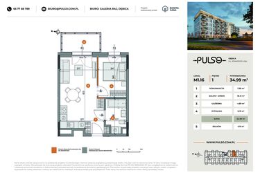Rzut - Mieszkanie na sprzedaż 2 pokoje o powierzchni 34,99 m² - numer M1.16 w Pulso
