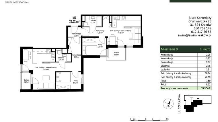 Rzut - Mieszkanie na sprzedaż 3 pokoje o powierzchni 76,57 m² - numer M9 w Szaflarska 9