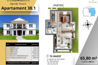 Rzut - Mieszkanie na sprzedaż 2 pokoje o powierzchni 65,57 m² - numer 38.1. w Ogrody Tesoro VI