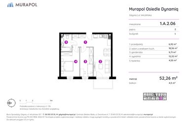 Rzut - Mieszkanie na sprzedaż 2 pokoje o powierzchni 52,26 m² - numer 1.A.2.06 w Murapol Osiedle Dynamiq