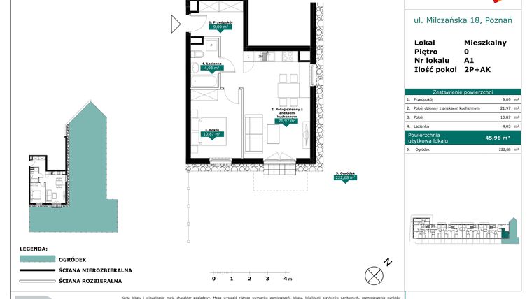 Rzut - Mieszkanie na sprzedaż 2 pokoje o powierzchni 45,96 m² - numer A1 w Milczańska 18