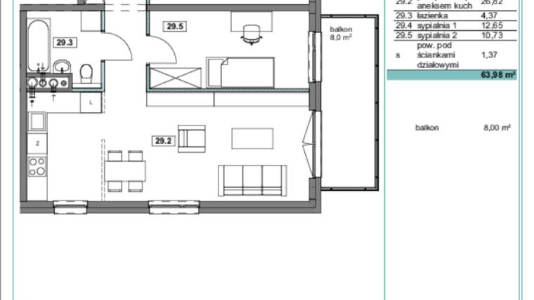 Rzut - Mieszkanie na sprzedaż 3 pokoje o powierzchni 63,96 m² - numer E.29 w Osiedle Kościuszki
