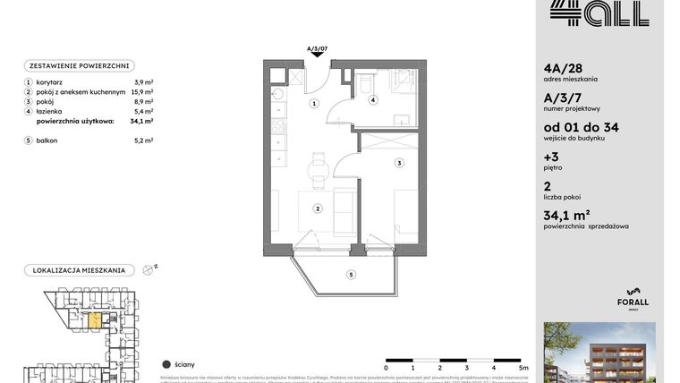 Rzut - Mieszkanie na sprzedaż 2 pokoje o powierzchni 34,09 m² - numer A/3/7 w Osiedle Mateckiego 4ALL