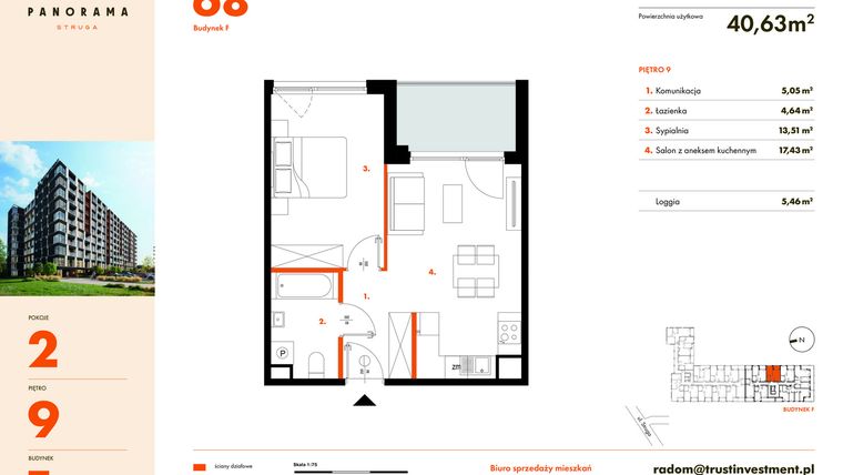 Rzut - Mieszkanie na sprzedaż 2 pokoje o powierzchni 40,63 m² - numer F68 w Panorama Struga