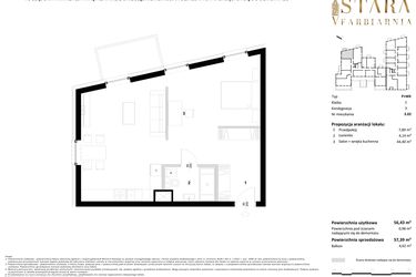 Rzut - Mieszkanie na sprzedaż 1 pokój o powierzchni 57,39 m² - numer 3.02 w Stara Farbiarnia