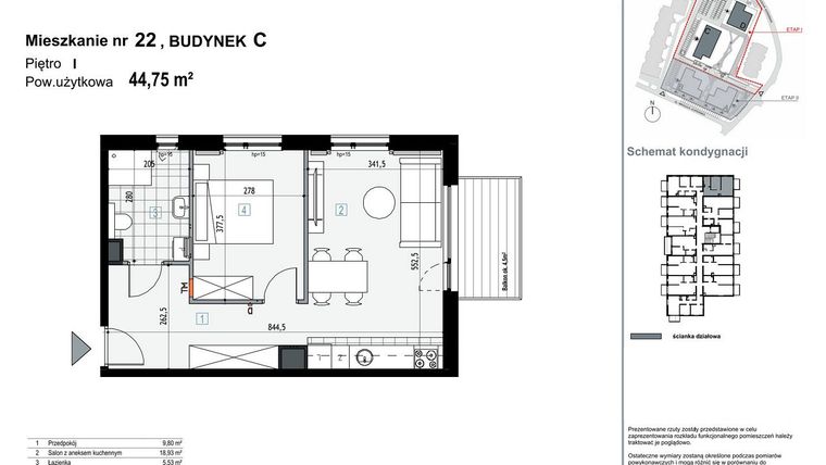 Rzut - Mieszkanie na sprzedaż 2 pokoje o powierzchni 44,75 m² - numer C22 w Apartamenty Kopernika