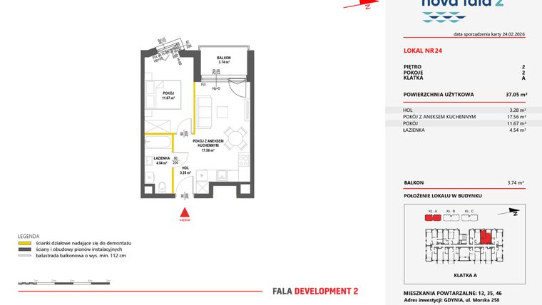 Rzut - Mieszkanie na sprzedaż 2 pokoje o powierzchni 37,05 m² - numer 24 w Miasteczko Nova Fala 2