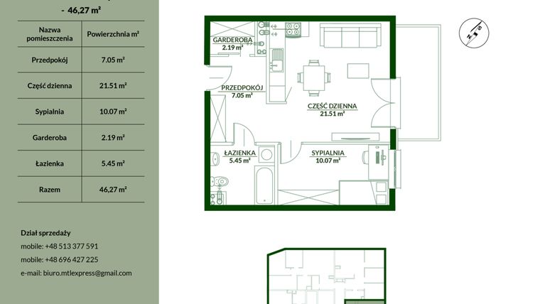Rzut - Mieszkanie na sprzedaż 2 pokoje o powierzchni 46,27 m² - numer 18 w Bukowa etap II