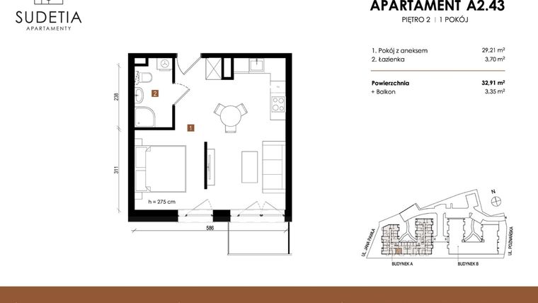 Rzut - Mieszkanie na sprzedaż 1 pokój o powierzchni 32,91 m² - numer A 2.43 w Apartamenty Sudetia