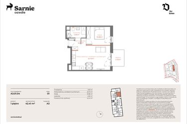 Rzut - Mieszkanie na sprzedaż 2 pokoje o powierzchni 42,41 m² - numer A3-01.04 w Sarnie Osiedle