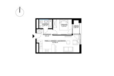 Rzut - Mieszkanie na sprzedaż 2 pokoje o powierzchni 41,19 m² - numer M59 w KrakoVska etap 2