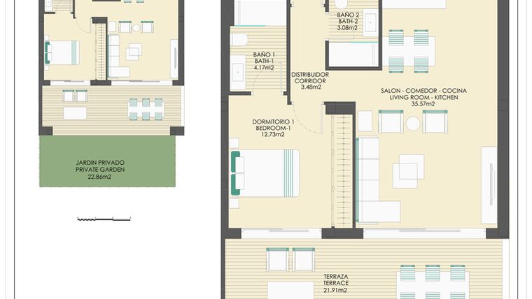 Rzut - Mieszkanie na sprzedaż 2 pokoje o powierzchni 147,45 m² - numer B30B w Arrecife by UrbinCasa