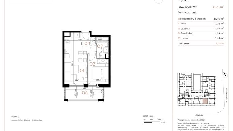 Rzut - Mieszkanie na sprzedaż 2 pokoje o powierzchni 34,25 m² - numer B/1/09 w Wielka 16