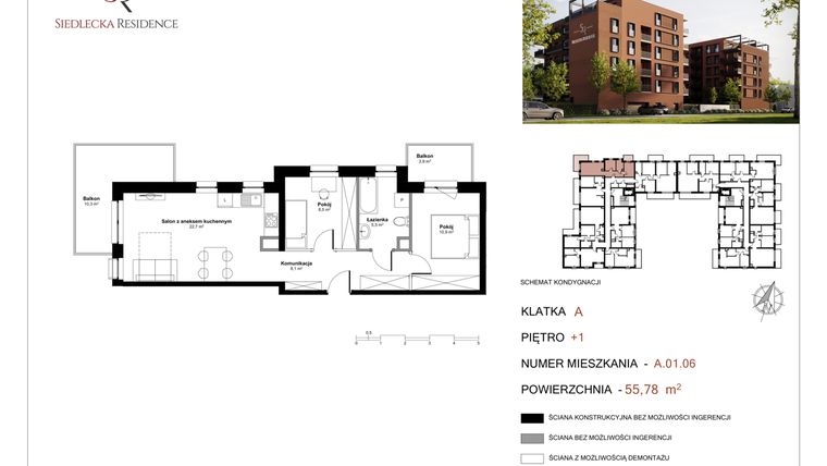Rzut - Mieszkanie na sprzedaż 3 pokoje o powierzchni 56,27 m² - numer A-01-06 w Siedlecka Residence