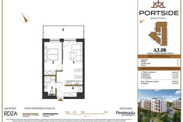 Rzut - Mieszkanie na sprzedaż 2 pokoje o powierzchni 39,48 m² - numer A3.08 w Portside Bałtycka