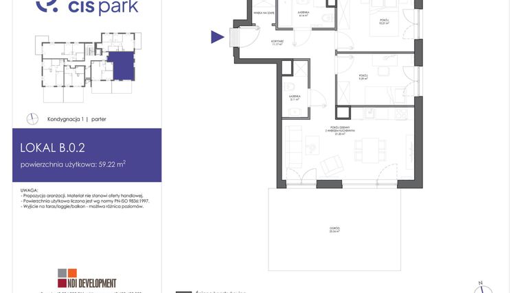 Rzut - Mieszkanie na sprzedaż 3 pokoje o powierzchni 59,22 m² - numer B.0.2 w CIS Park
