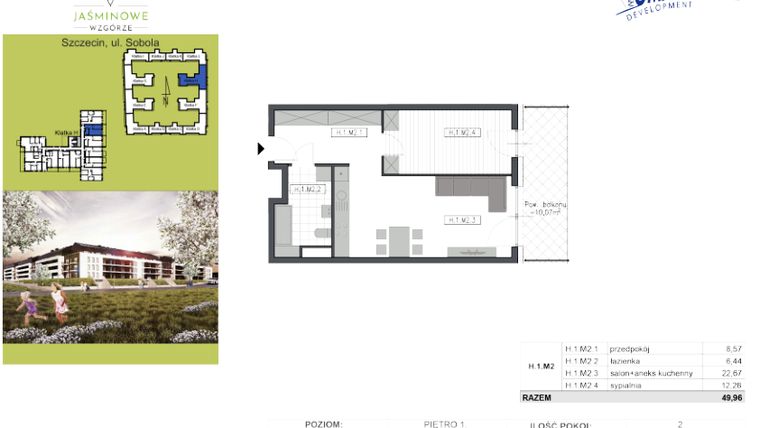 Rzut - Mieszkanie na sprzedaż 2 pokoje o powierzchni 49,96 m² - numer H.1.M2 w Jaśminowe Wzgórze - etap II