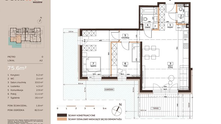 Rzut - Mieszkanie na sprzedaż 3 pokoje o powierzchni 75,6 m² - numer A2 w Domkove Widzew