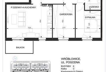 Rzut - Mieszkanie na sprzedaż 3 pokoje o powierzchni 59,4 m² - numer 6C - 3D w Zielona Lutynia