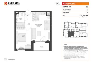 Rzut - Mieszkanie na sprzedaż 2 pokoje o powierzchni 38,88 m² - numer D.33 w Osiedle Warszawska etap II