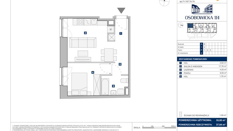 Rzut - Mieszkanie na sprzedaż 2 pokoje o powierzchni 35,95 m² - numer A.2 w Osobowicka 114
