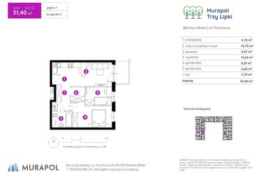 Rzut - Mieszkanie na sprzedaż 2 pokoje o powierzchni 51,4 m² - numer 2.A.1.12 w Murapol Trzy Lipki etap II