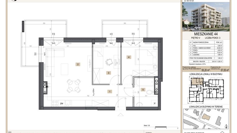 Rzut - Mieszkanie na sprzedaż 3 pokoje o powierzchni 57,05 m² - numer M44 w Nova Leszczyńska