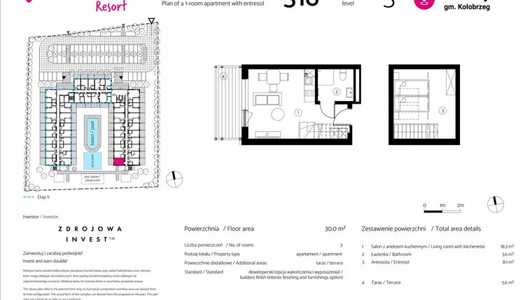 Rzut - Mieszkanie na sprzedaż 1 pokój o powierzchni 30 m² - numer 316 w VacationClub Resort